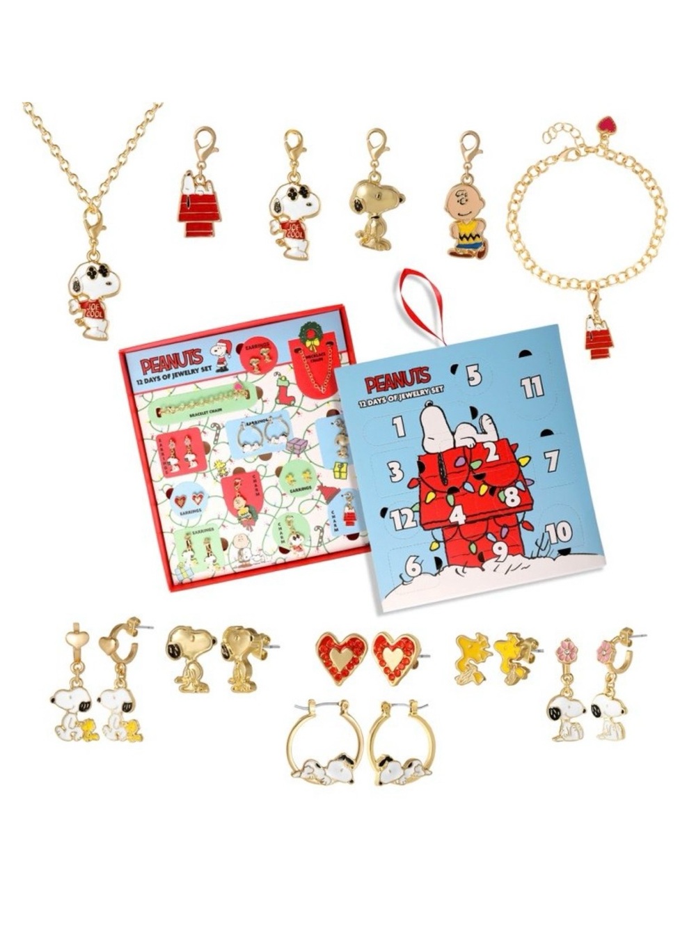 NWT Peanuts Yellow Gold Snoopy & Friends Holiday Advent Jewelry Gift Set